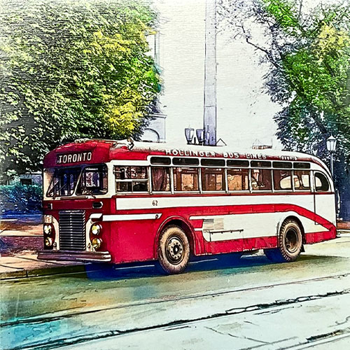Vintage Toronto Bus Art – Historic Red Coach on Birch Wood Wall Décor