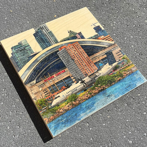 Billy Bishop Toronto City Airport art featuring a Porter Airlines aircraft, Rogers Centre and Toronto waterfront skyline, printed on Baltic birch wood.