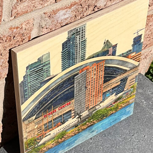 Billy Bishop Toronto City Airport art featuring a Porter Airlines aircraft, Rogers Centre and Toronto waterfront skyline, printed on Baltic birch wood.