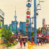 CNE Sky Ride Art featuring colourful chairlift seats, the Toronto midway, and CN Tower, handcrafted on Baltic birch wood.