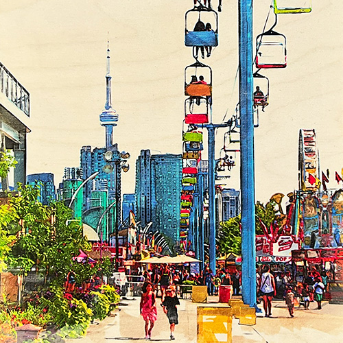 CNE Sky Ride Art featuring colourful chairlift seats, the Toronto midway, and CN Tower, handcrafted on Baltic birch wood.
